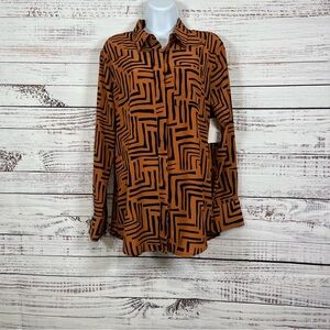 Nine West Brown Print Button Front Ling Sleeve Blouse